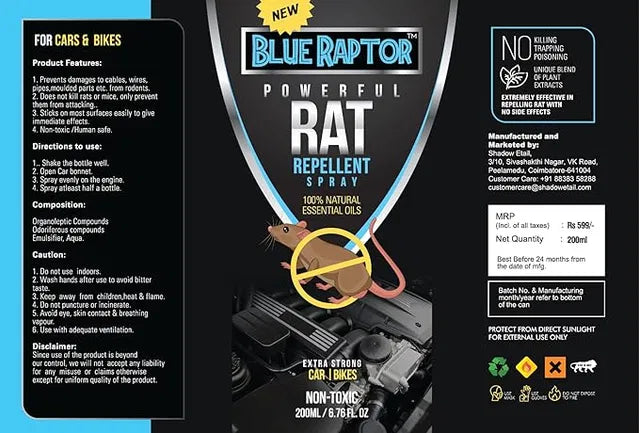 BlueRaptor™ Rat Repellent Spray (Pack of 2) – 100% Natural No Killing Rat Protection for Home, Car&Bike|🐀🚫✨